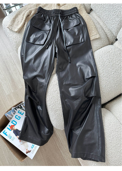 Women Genuine Leather High Waisted Cargo Pants