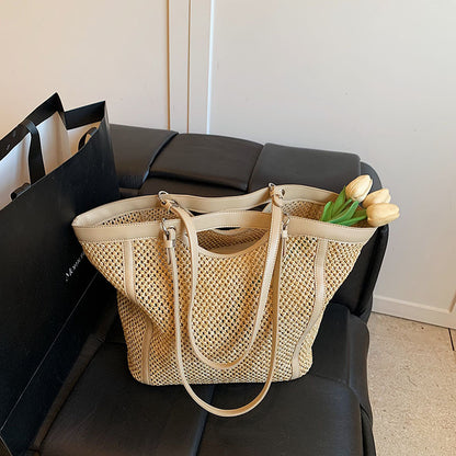 Woven Straw Beach Bag with PU Leather Trim