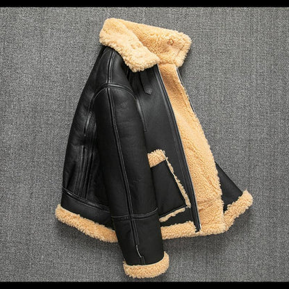 Men Real Sheepskin Shearling Aviator Jacket Winter Coat