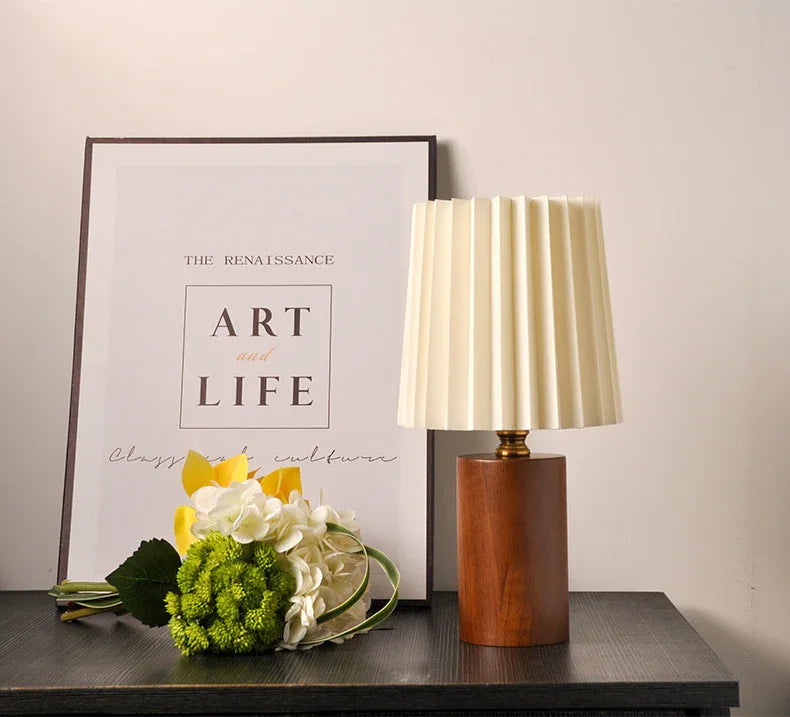 Vintage pleated wood column table lamp