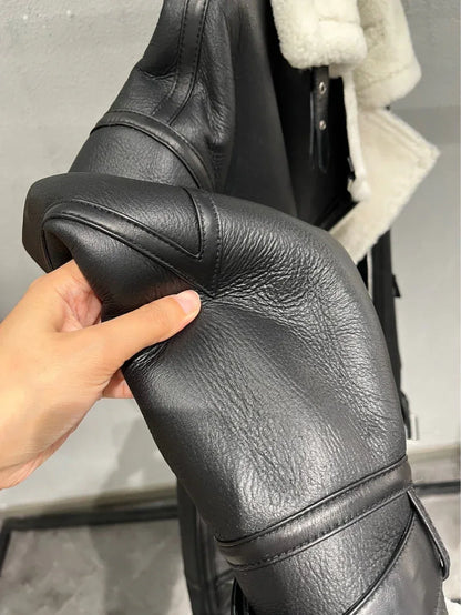 Women Genuine Leather Bomber Jacket with Real Fur
