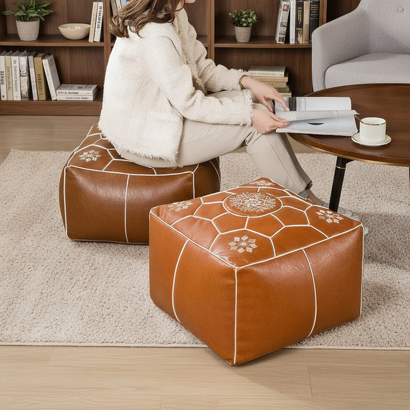 Moroccan Square Pouf Ottoman Faux Leather Floor Cushion Cover
