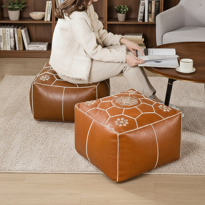 Moroccan Square Pouf Ottoman Faux Leather Floor Cushion Cover