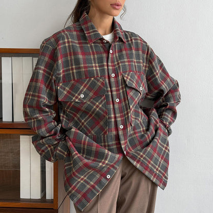 Women plaid long sleeve flannel shirt