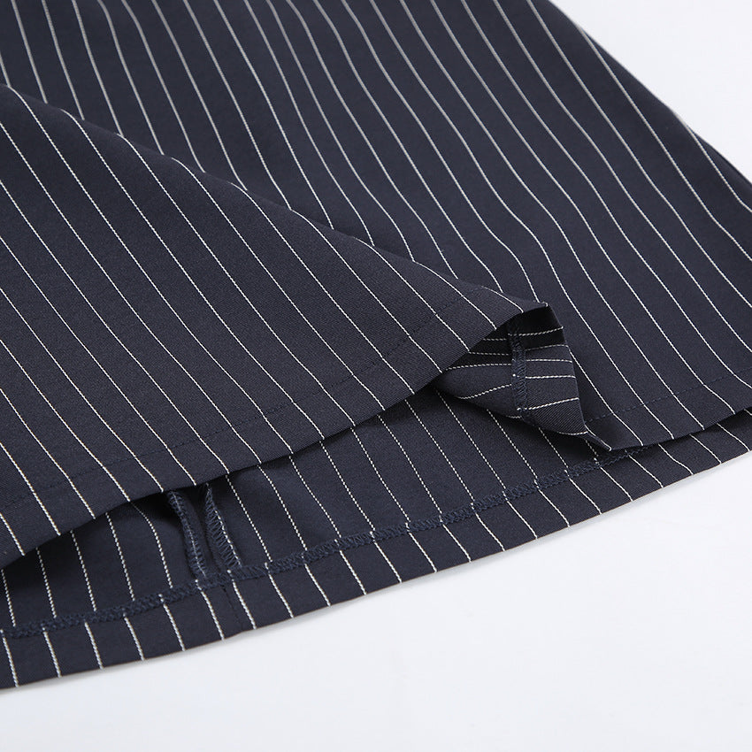 Women Navy Blue Pinstripe Blazer Skirt Set Two-Piece Outfit