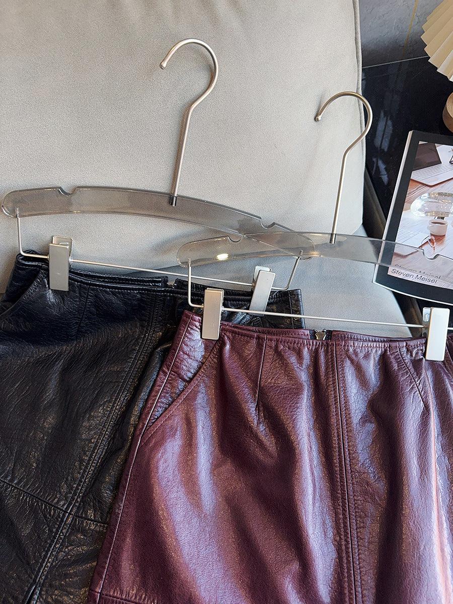 New waxed cowhide slit midi skirt