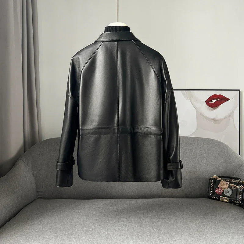 Women black leather jacket with draw string
