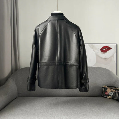Women black leather jacket with draw string