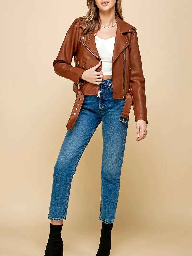 Women PU Cropped Leather Biker Jacket