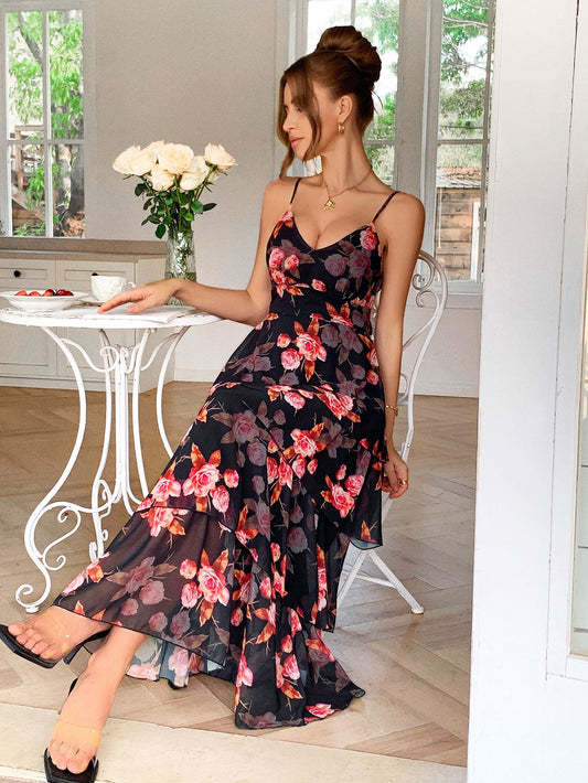 Tiered Chiffon Maxi Dress Floral Bridal Shower Summer Gown