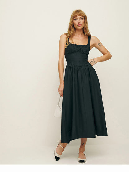 White linen a line midi sundress square neck summer