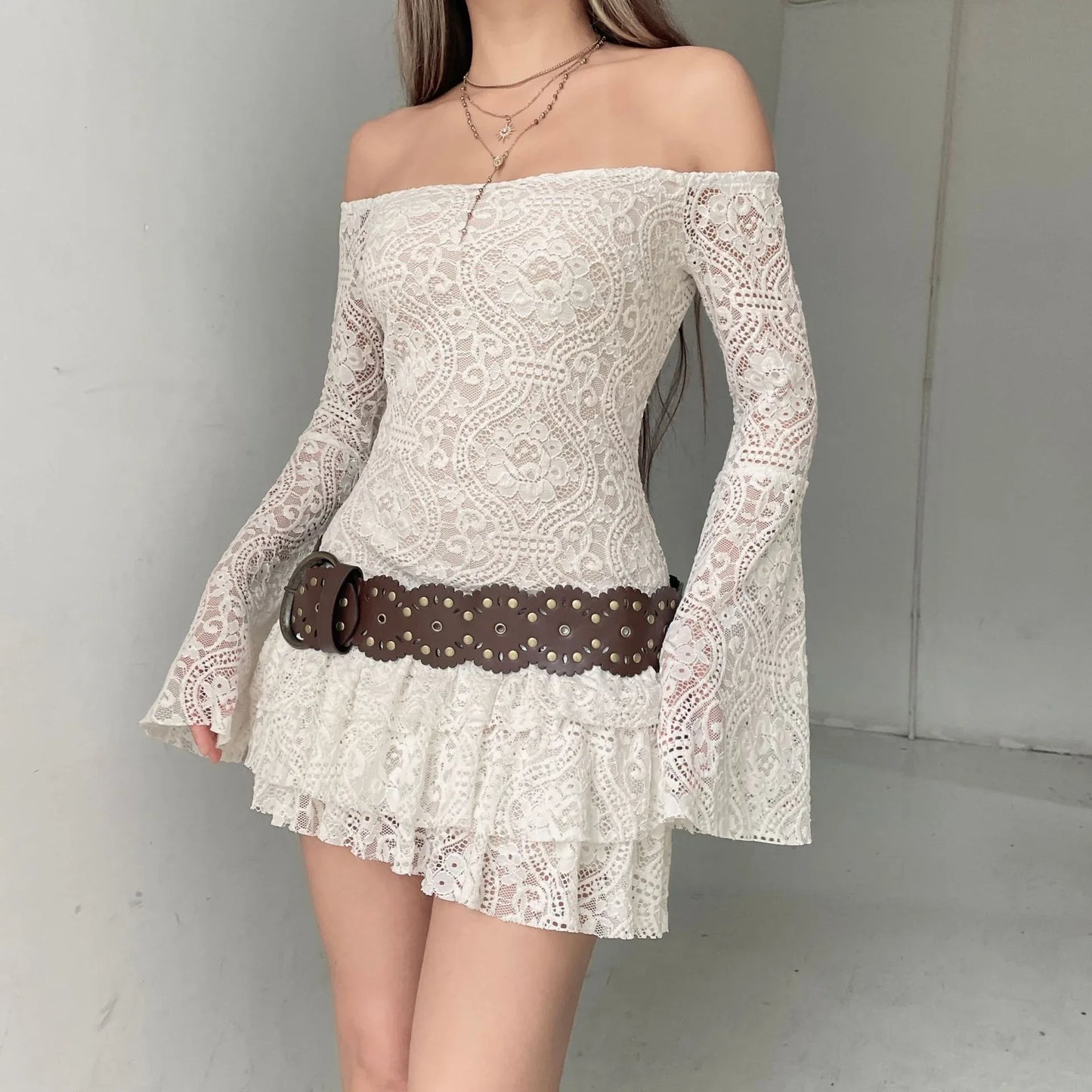 Boho off shoulder lace western mini dress