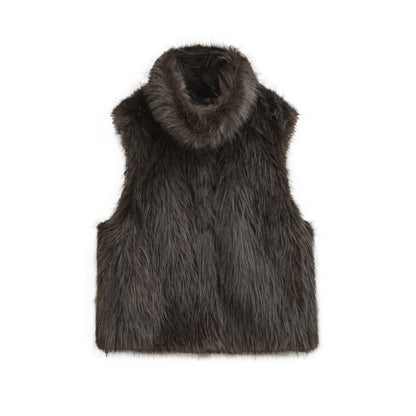Women faux fur stand collar zipper vest 2 XS