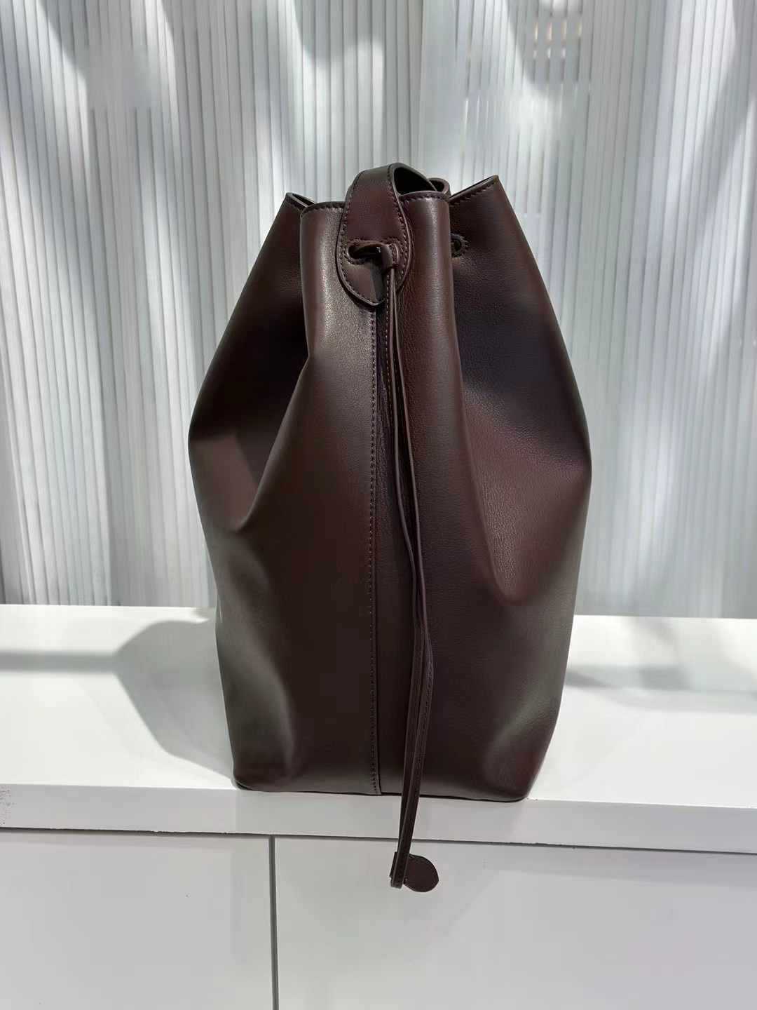 Genuine Leather Women’s Bucket Bag Tote with Drawstring