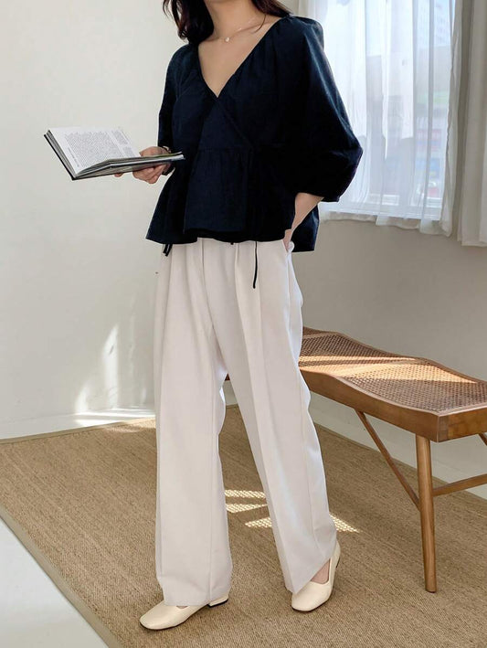Tie Side Bishop Sleeve Wrap Peplum Blouse Shirt