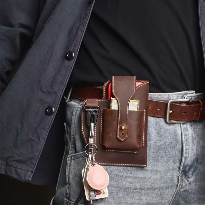 Men’s Leather Waist Bag with Phone Pouch and Key Clip