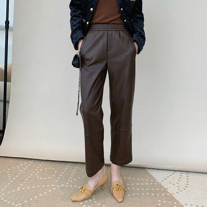 Women’s Genuine Leather Pants High Waist Wide-Leg Trousers