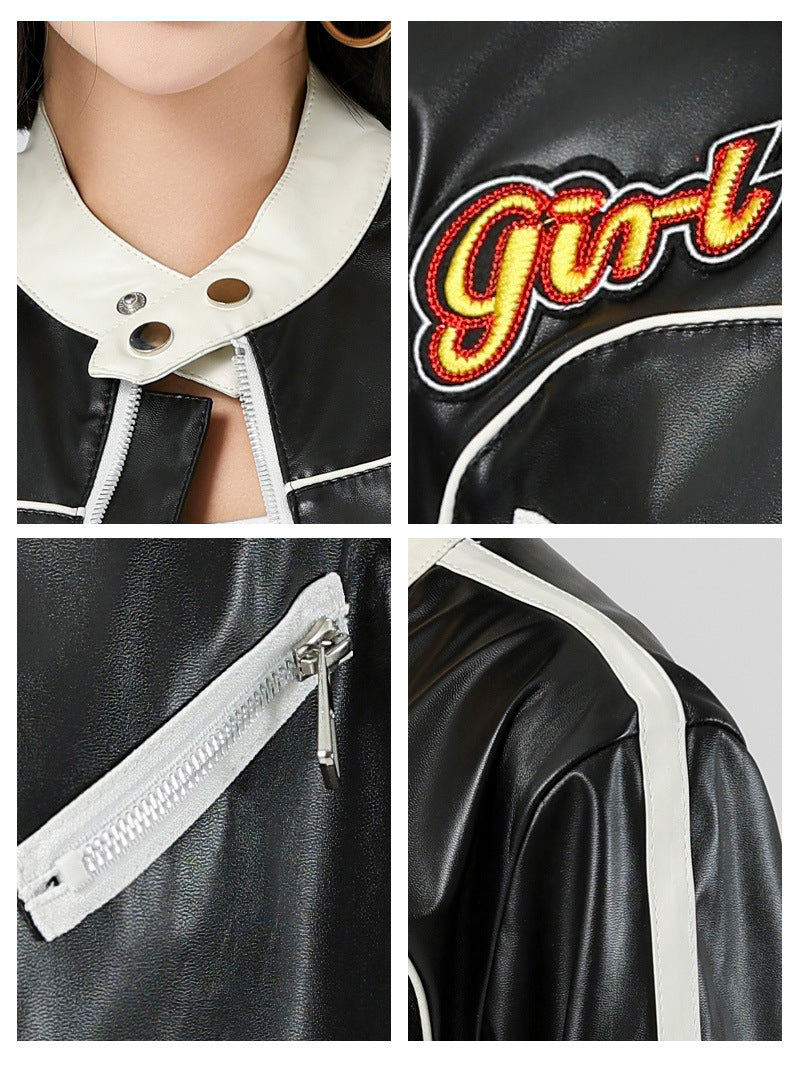 Black and White Cropped Faux Leather Biker Jacket for Women