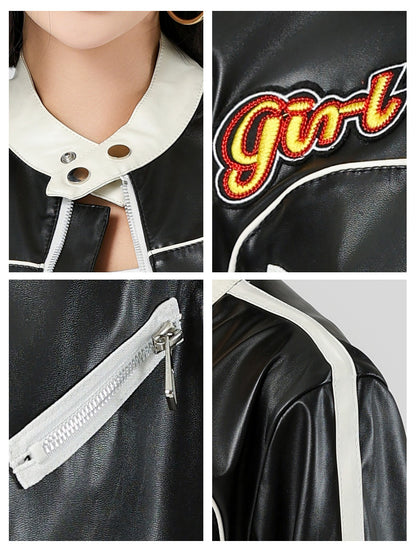 Black and White Cropped Faux Leather Biker Jacket for Women
