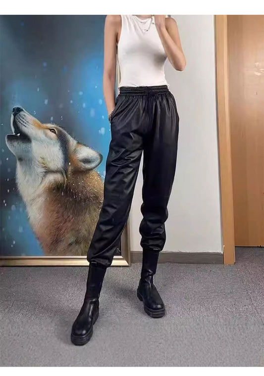Women’s High Waisted Leather Pants Soft Lined Elastic Cuff Trousers