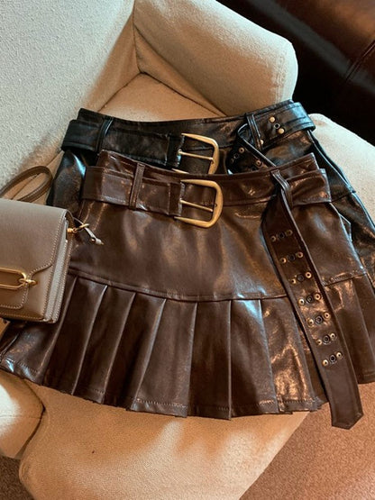 Women Pleated Leather Skirt