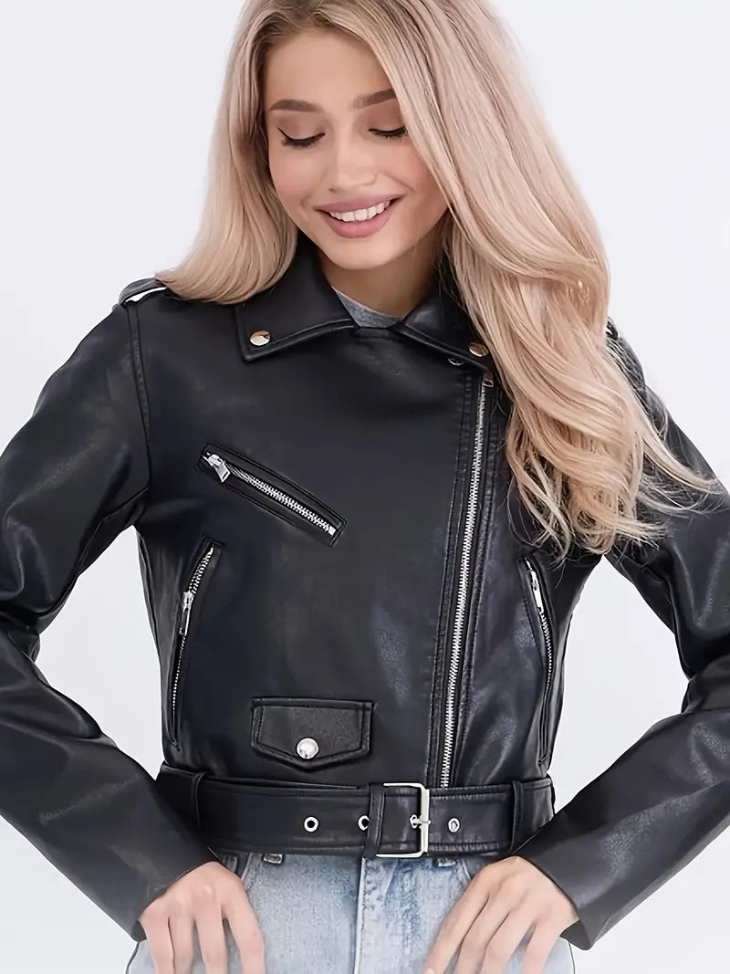 Women’s Cropped Motorcycle PU Leather Jacket