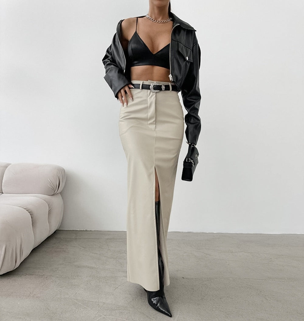 High Waist Leather Slit Straight Skirt