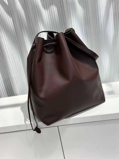 Genuine Leather Women’s Bucket Bag Tote with Drawstring