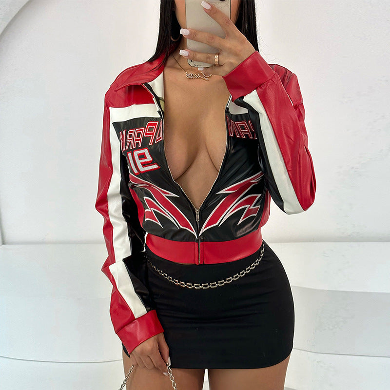 Red Faux Leather Bomber Jacket Women Moto Style