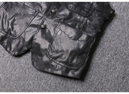 Men Leather Vest Sheepskin Black V-Neck Button Waistcoat