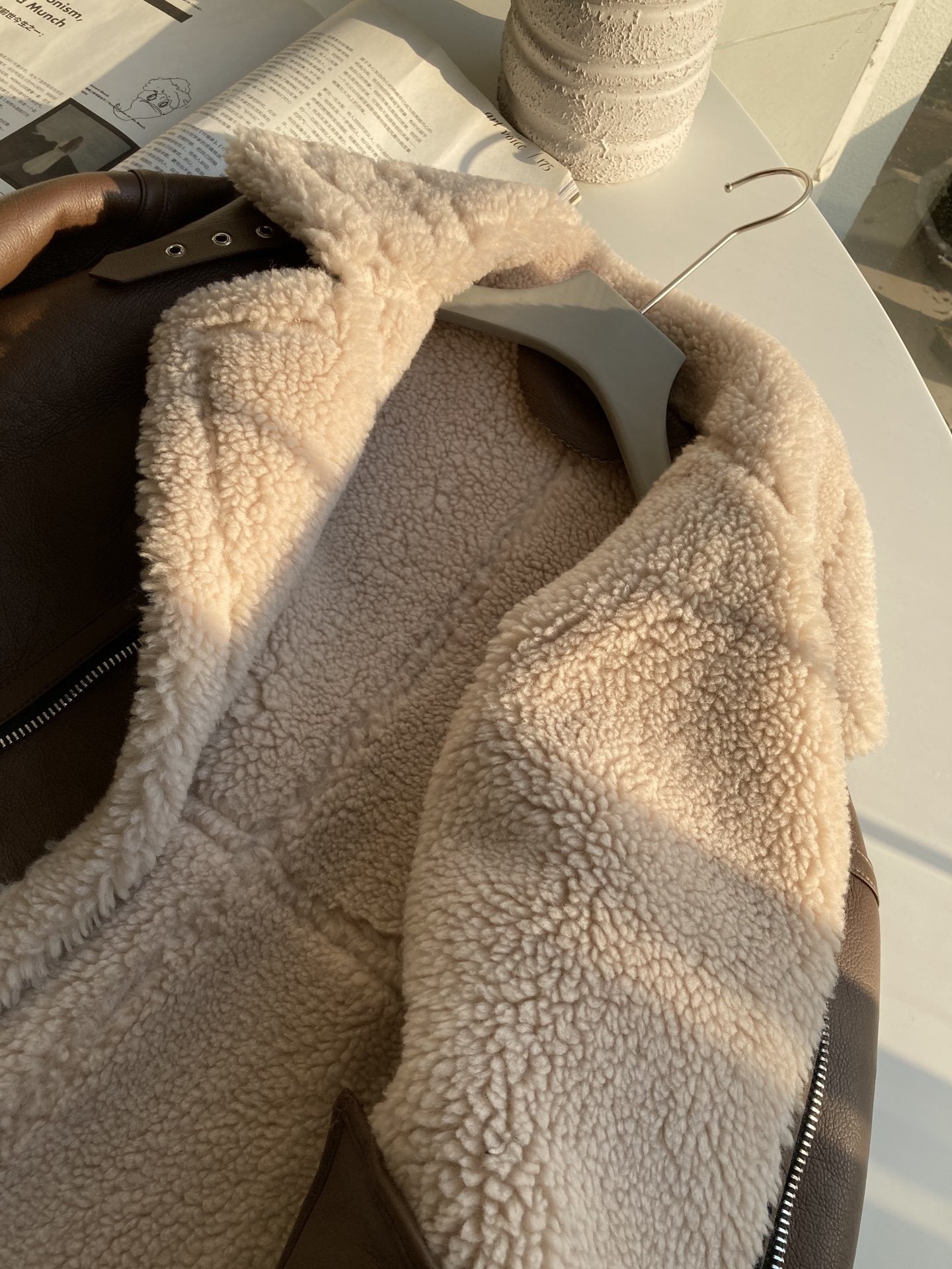 Brown faux shearling aviator leather bomber jacket