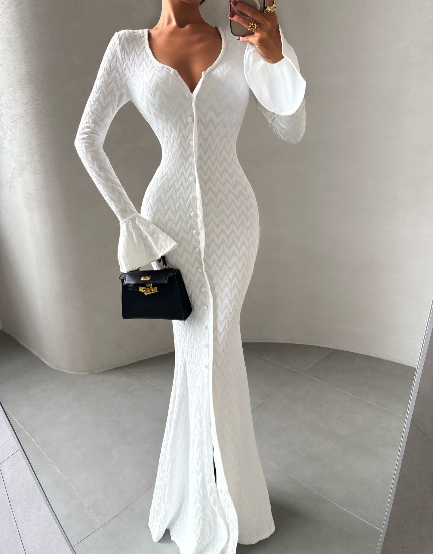White button front bodycon maxi dress with flared cuffs