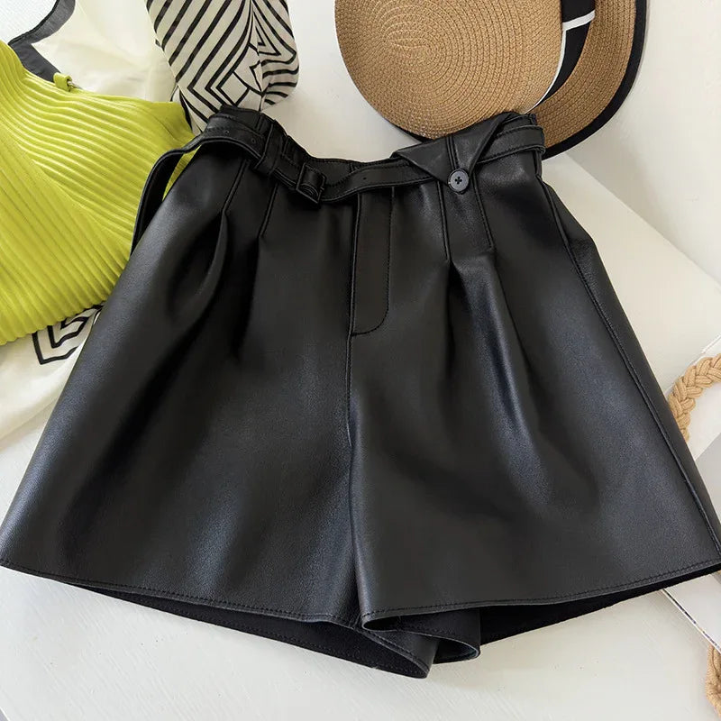 Genuine sheepskin women leather shorts with belt