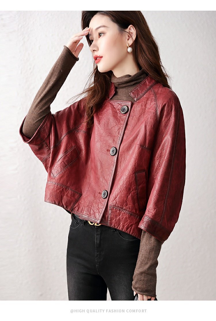 Retro distressed leather bomber jacket women