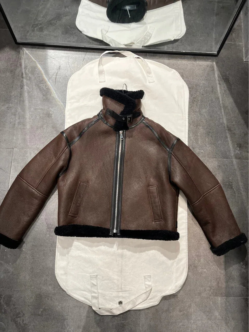 Brown High Waist Moto Style Leather Bomber Jacket with Black Fur Collar