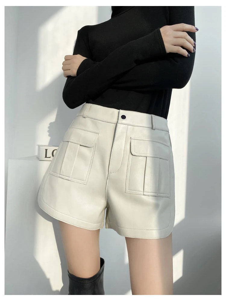 Women Genuine Leather Workwear Shorts High Waisted