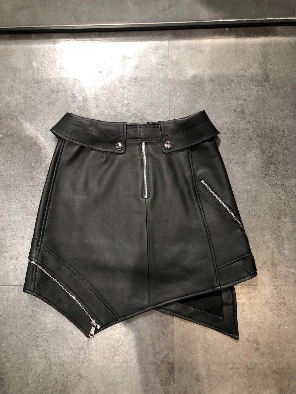 High-Waisted Irregular Hem Motorcycle Leather Mini Skirt