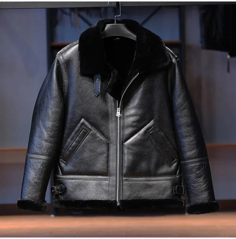 Men Real Sheepskin Shearling Fur Flight Bomber Jacket