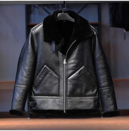 Men Real Sheepskin Shearling Fur Flight Bomber Jacket