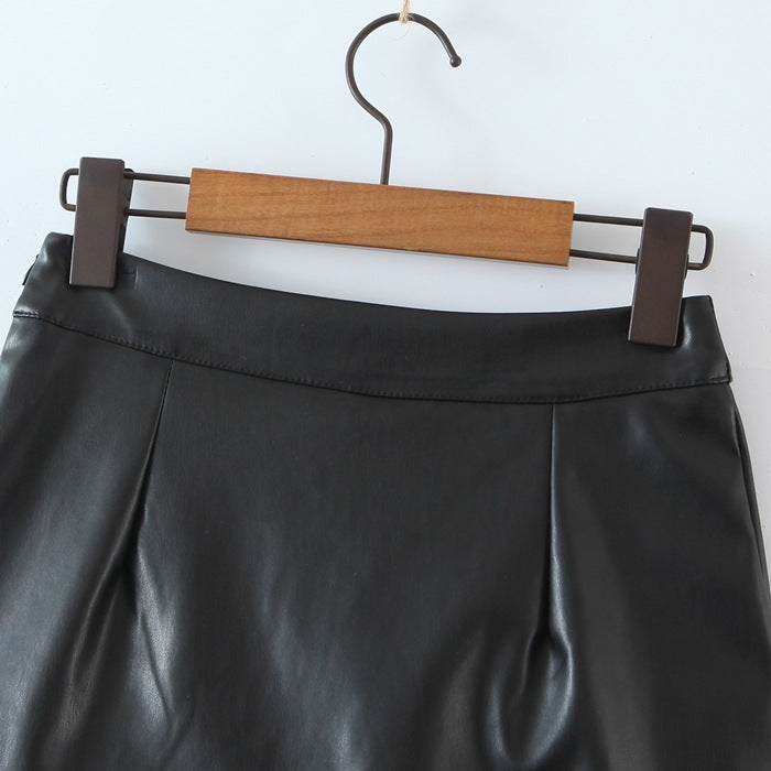 Black PU Leather Mini Skirt with Slit High Waisted