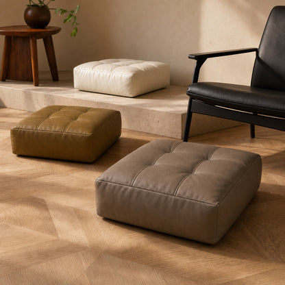 Round Faux Leather Pouf Ottoman Cover for Living Room