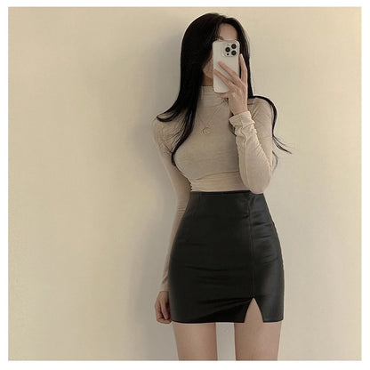 Faux Leather Skirt Zipper Back Split Hem