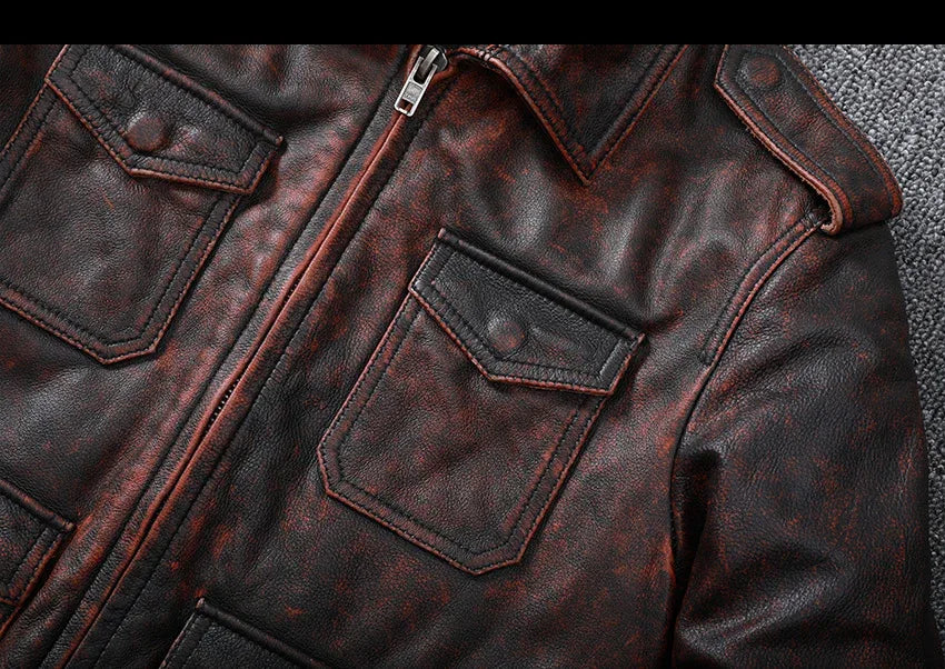 Men’s Distressed Oil Wax Leather Jacket Slim Fit