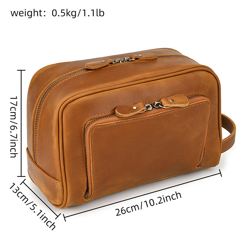 Men’s Genuine Leather Toiletry Bag with Front Zipper Pocket