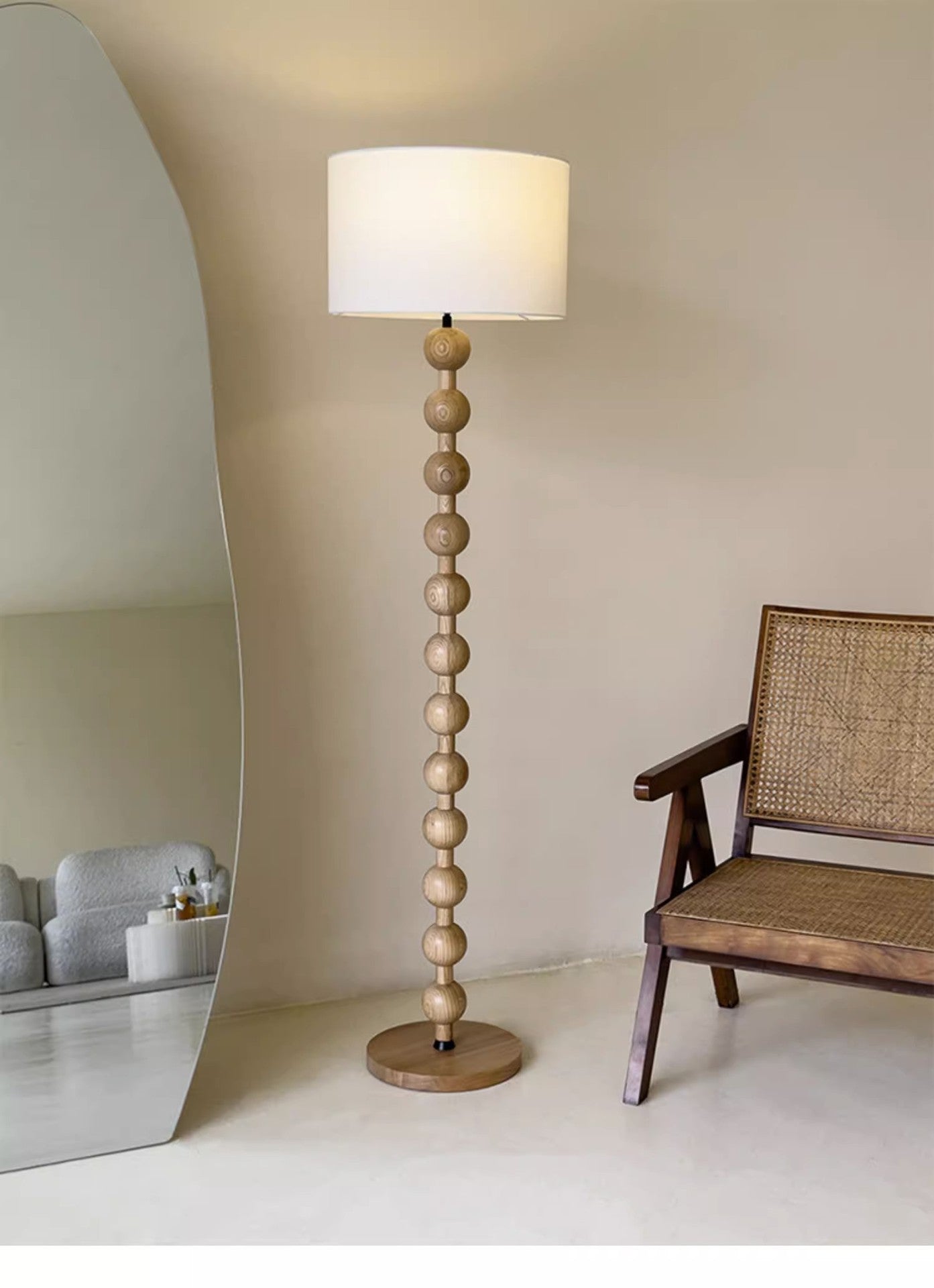 French Medieval Wabi-sabi Wooden Floor Lamp with Cloth Shade