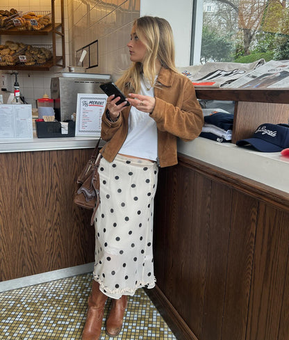 Women Polka Dot Satin Midi Skirt High Waist French Acetate Drape