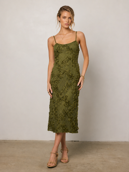 Olive Lace Jacquard Dress with Spaghetti Straps and Midi Length