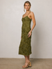 Olive Lace Jacquard Dress with Spaghetti Straps and Midi Length