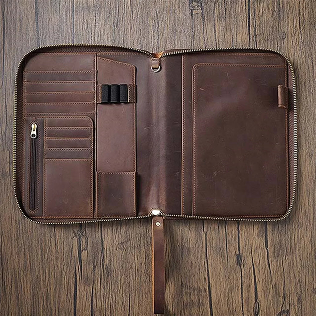 A5 Genuine Leather Zipper Business Portfolio Brown 1