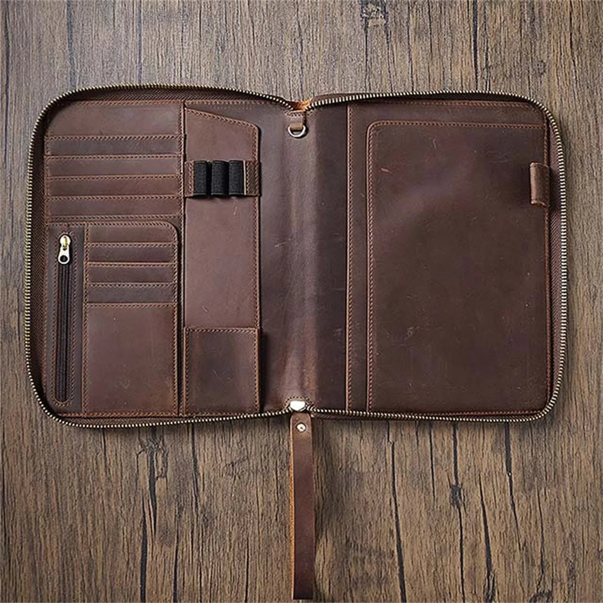 A5 Genuine Leather Zipper Business Portfolio Brown 1
